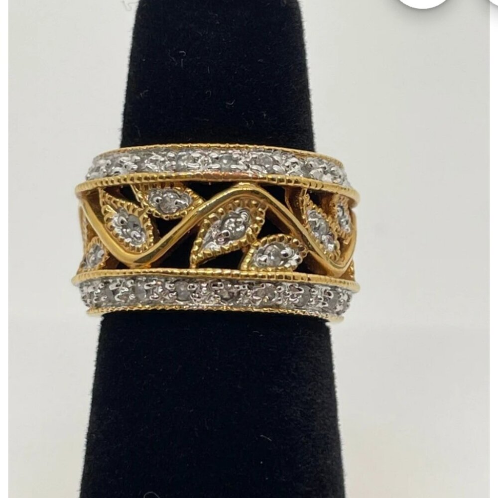 Silver and Gold Pave Wide Band Ring – Size 6.5
